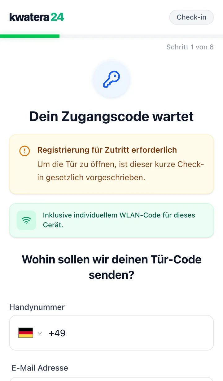 Prawdziwy zrzut ekranu cyfrowego zameldowania: krok 1 z 6