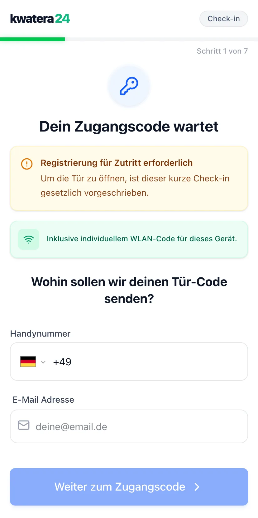 Echter Screenshot des digitalen Check-ins: „Dein Zugangscode wartet", Schritt 1 von 7