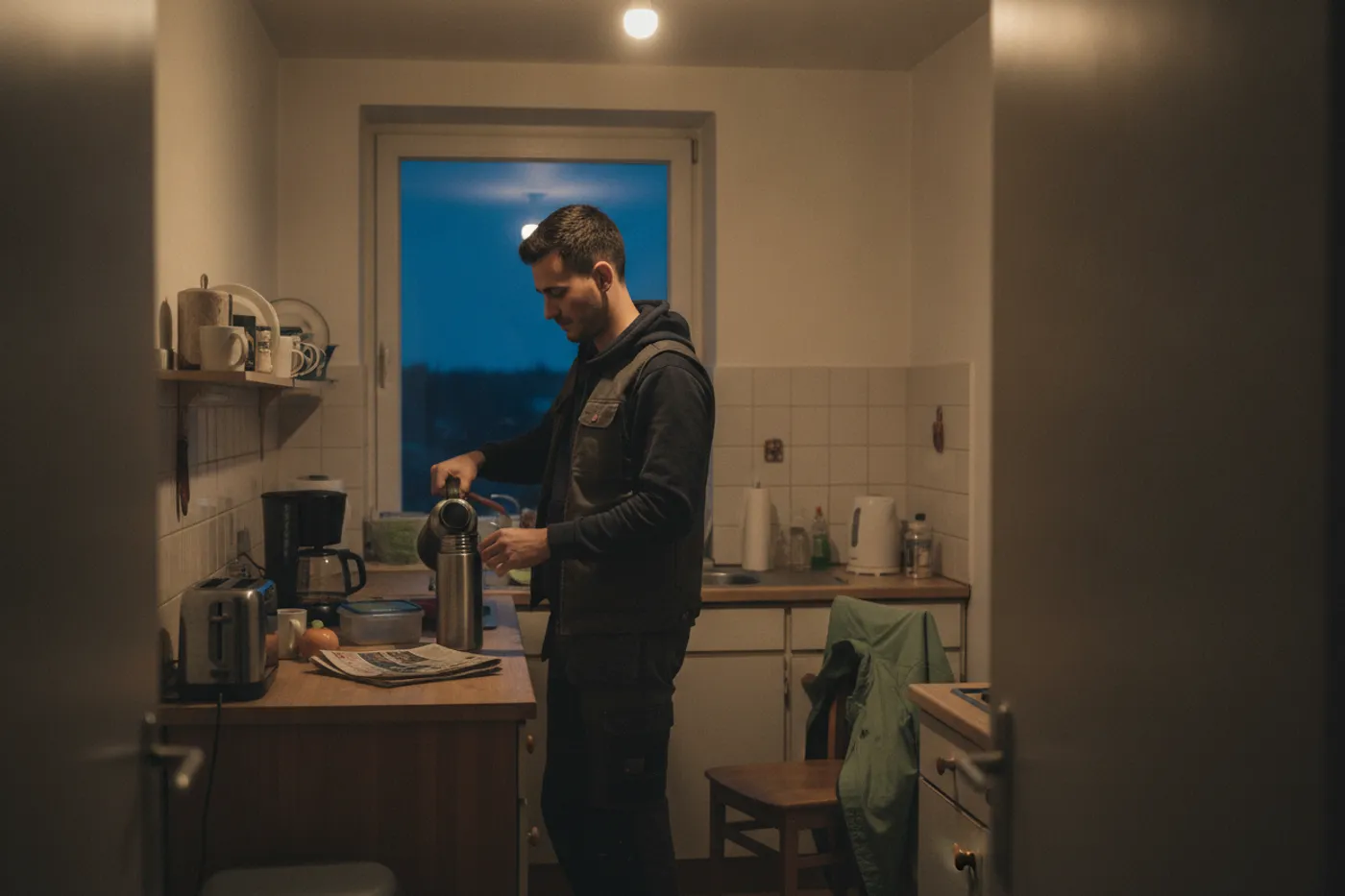 Monter wcześnie rano nalewa kawę do termosu w kuchni swojej kwatery